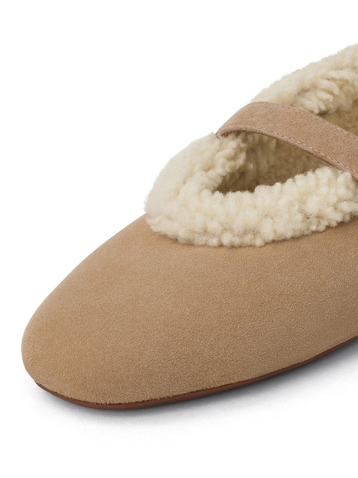 Camel Faux Suede And Plush Round-Toe Mary Jane Slip-On Flats