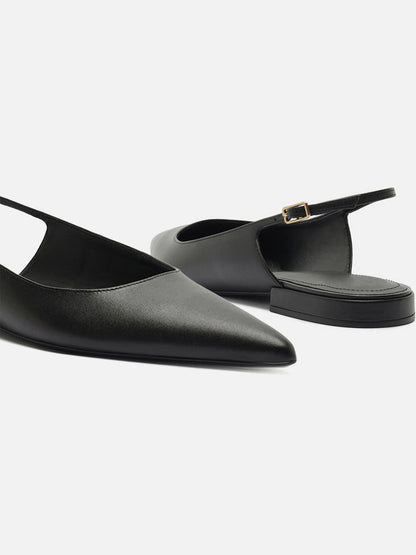 Black Pointed-Toe Buckle Slingback Chic Slip-On Flats