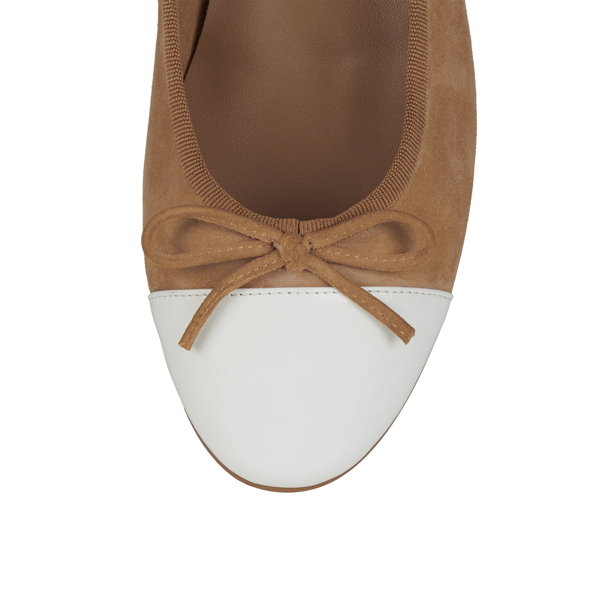 Tan Faux Suede And Patent White Round-Toe Front Bow Ballet Flats