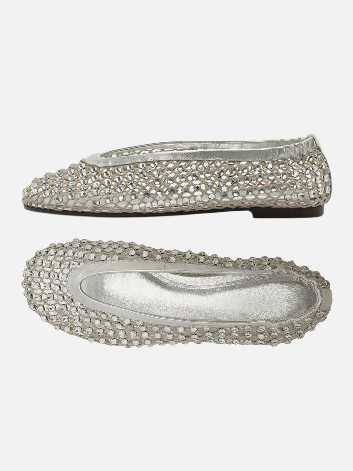 Silver Rhinestone Mesh Round-Toe Slip-On Ballet Flats