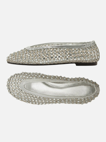 Silver Rhinestone Mesh Round-Toe Slip-On Ballet Flats