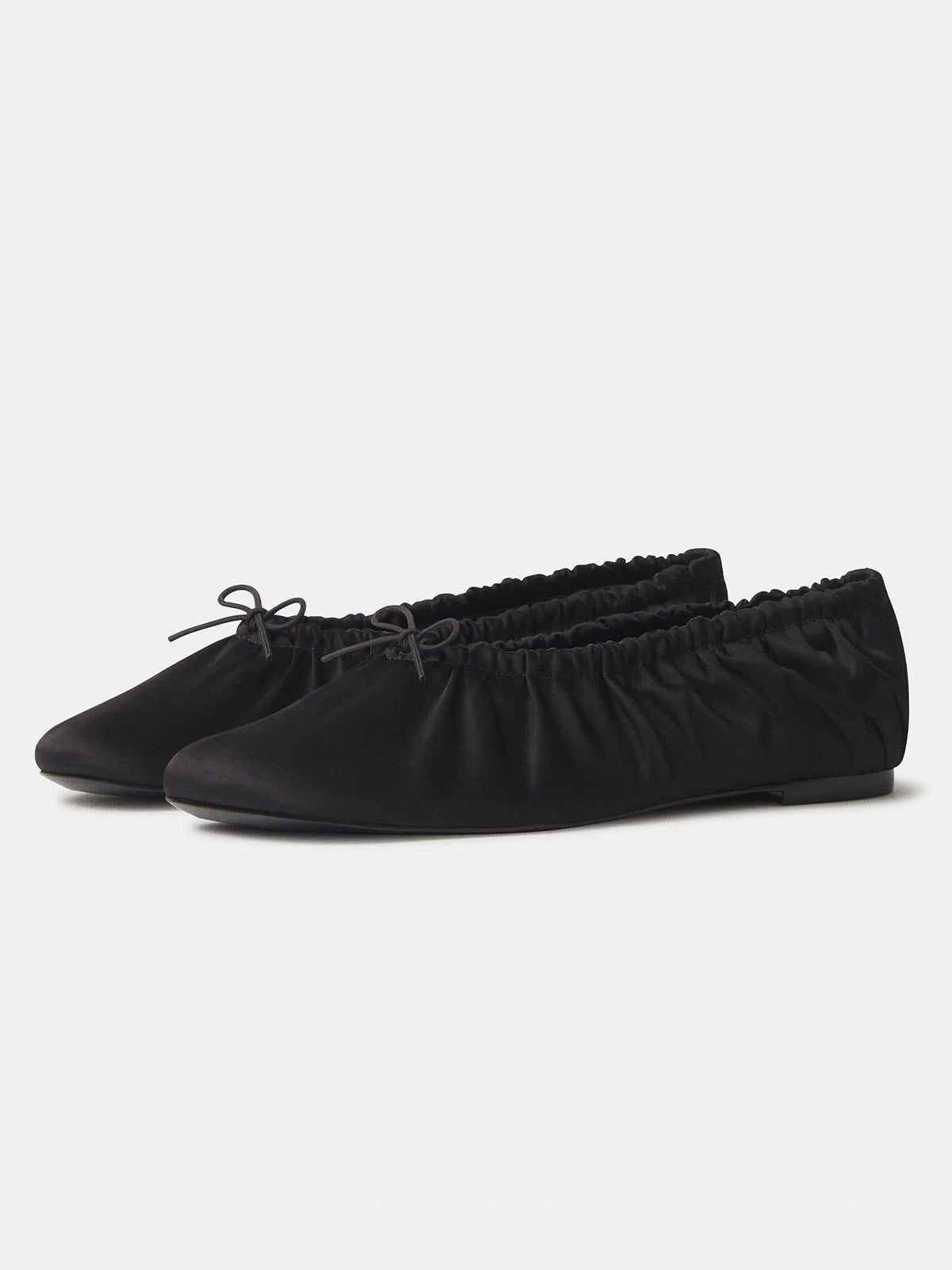 Black Satin Square-Toe Ruching And Front Bow Ballet Flats