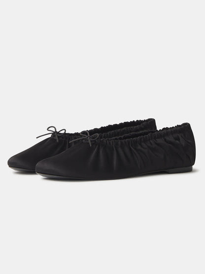 Black Satin Square-Toe Ruching And Front Bow Ballet Flats
