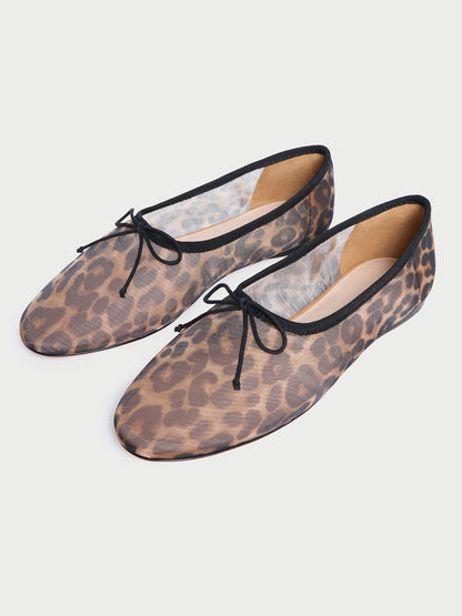 Leopard Pattern Mesh Round-Toe Chic Front Bow Slip-On Ballet Flats