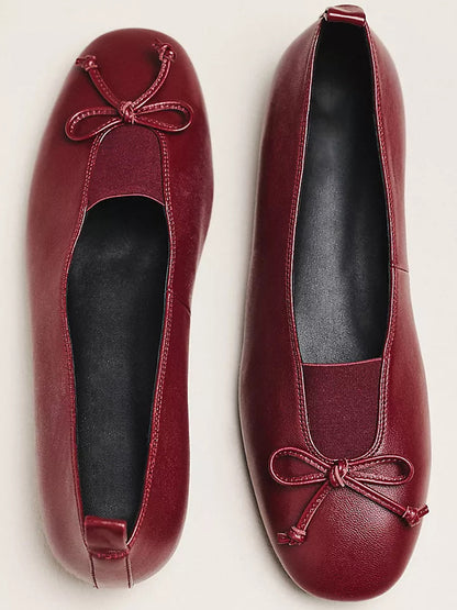Burgundy Square-Toe Front Bow Elastic Ballet Flats