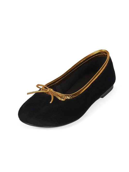 Chic Round-Toe Front Bow Slip-On Ballet Flats - Black Faux Suede