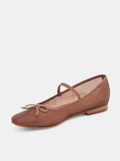 Bow Round-Toe Ballet Flats Mary Janes in Brown Mesh