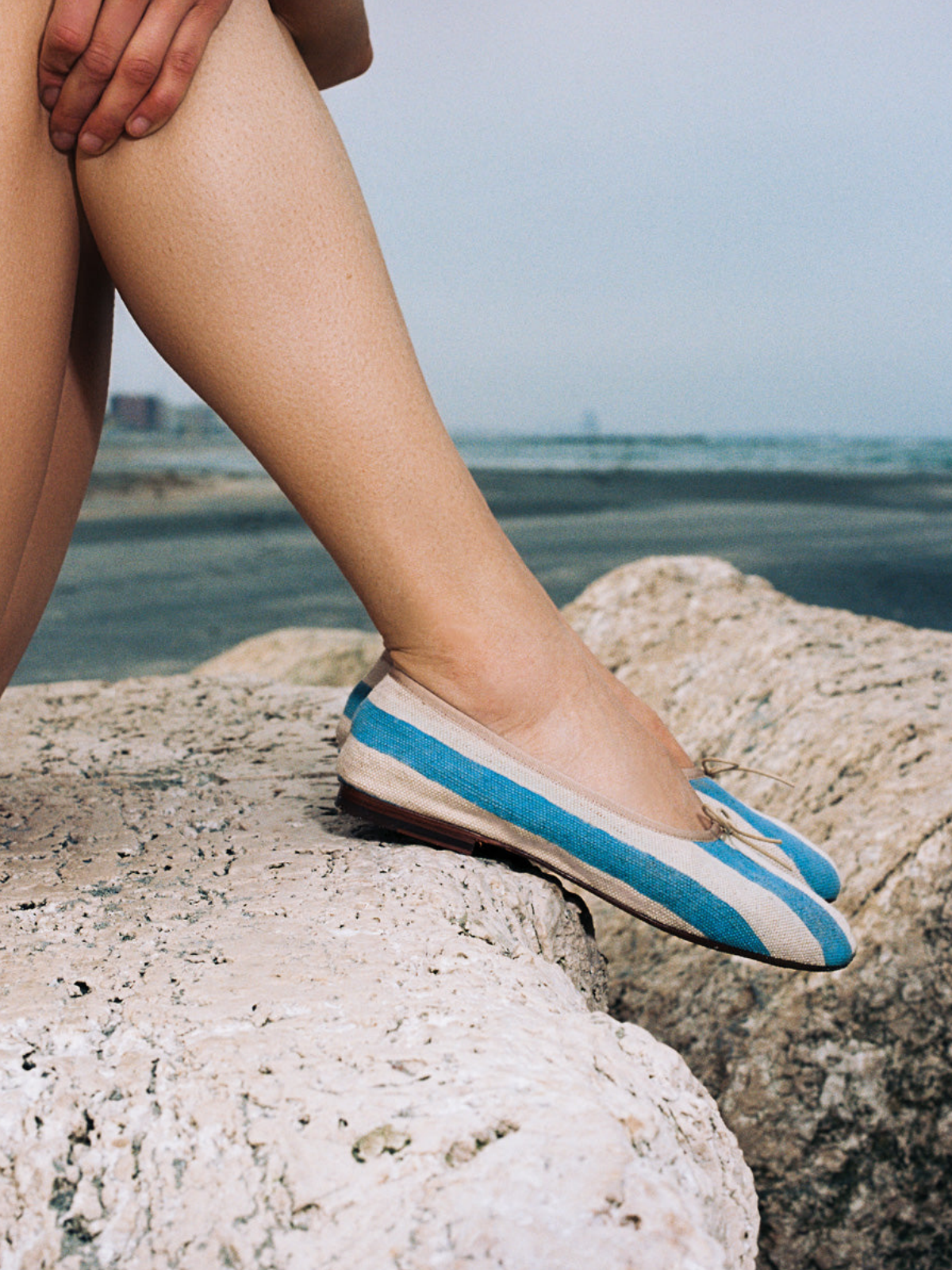 Sky Blue Stripe Bow Round-Toe Canvas Ballet Flats