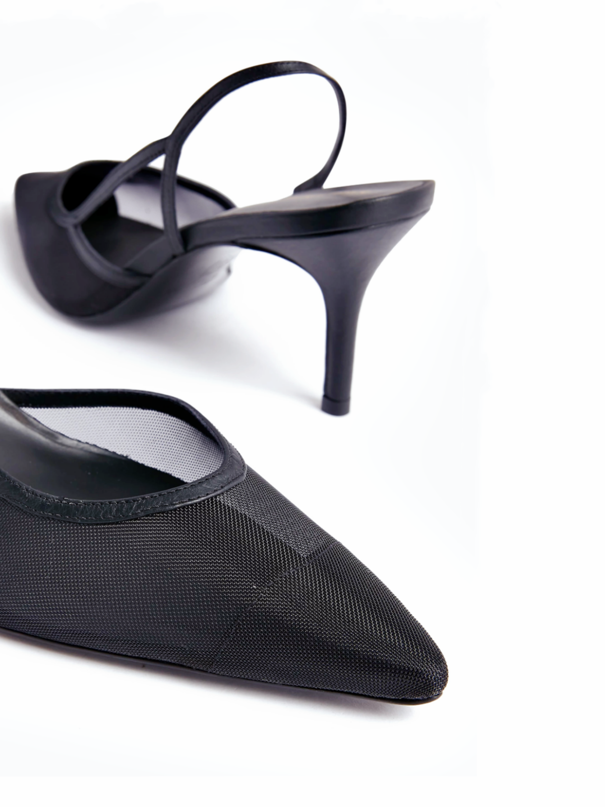 Black Cut-Out Asymmetry Pointy High Heel Slingback Pumps in Mesh & Vegan Leather