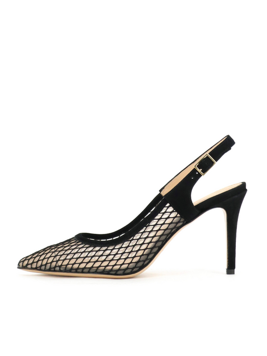 Black Pointy High Heels Slingback Pumps in Fishnet & Faux Suede