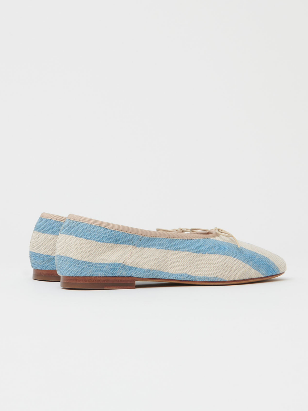 Sky Blue Stripe Bow Round-Toe Canvas Ballet Flats