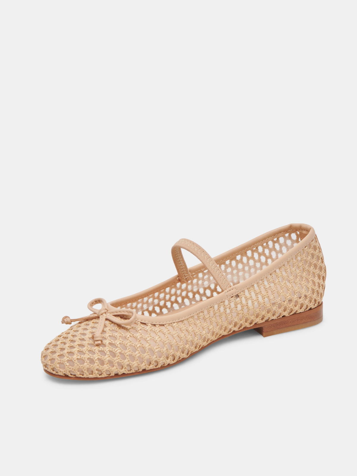 Nude Raffia Woven Bow Ballet Flats Round-Toe Boho Mary Janes