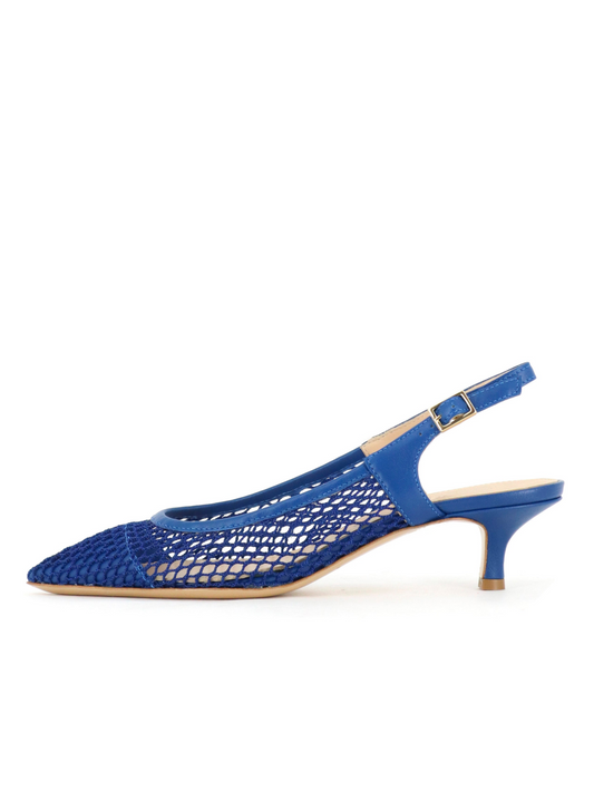 Cerulean Blue Pointy Kitten Heels Slingback Pumps in Fishnet & Vegan Leather