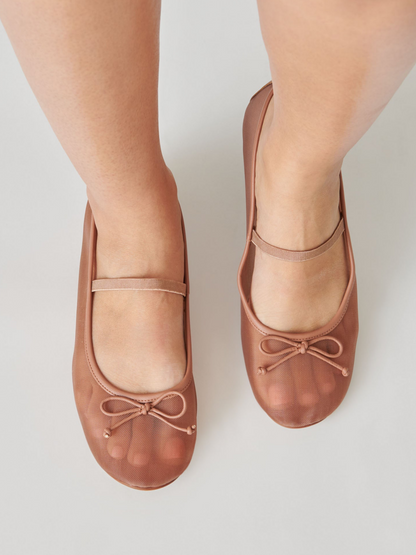 Bow Round-Toe Ballet Flats Mary Janes in Cider Mesh