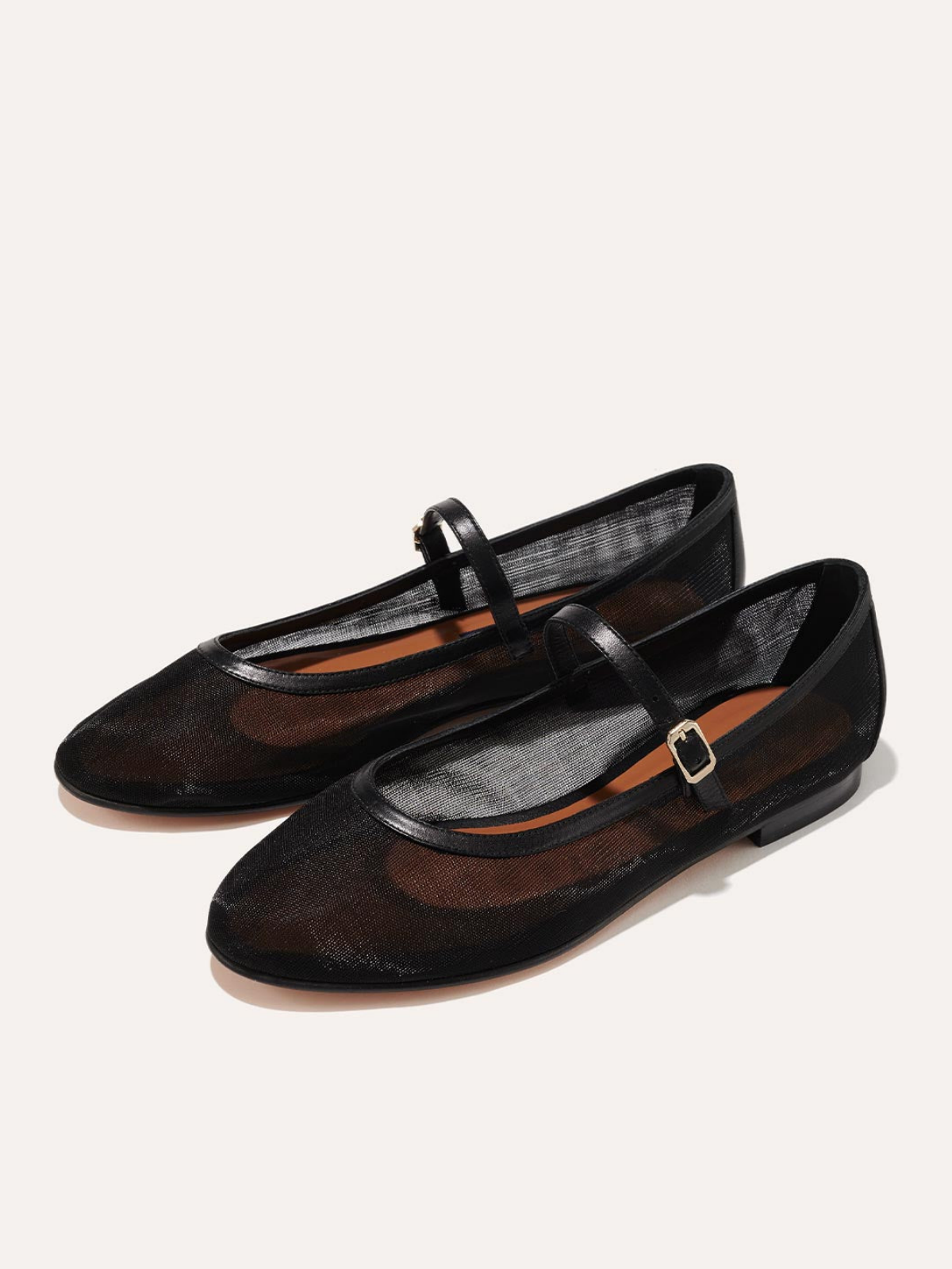 Black Mesh Round-Toe Ballet Flats Mary Janes With Buckled Strap