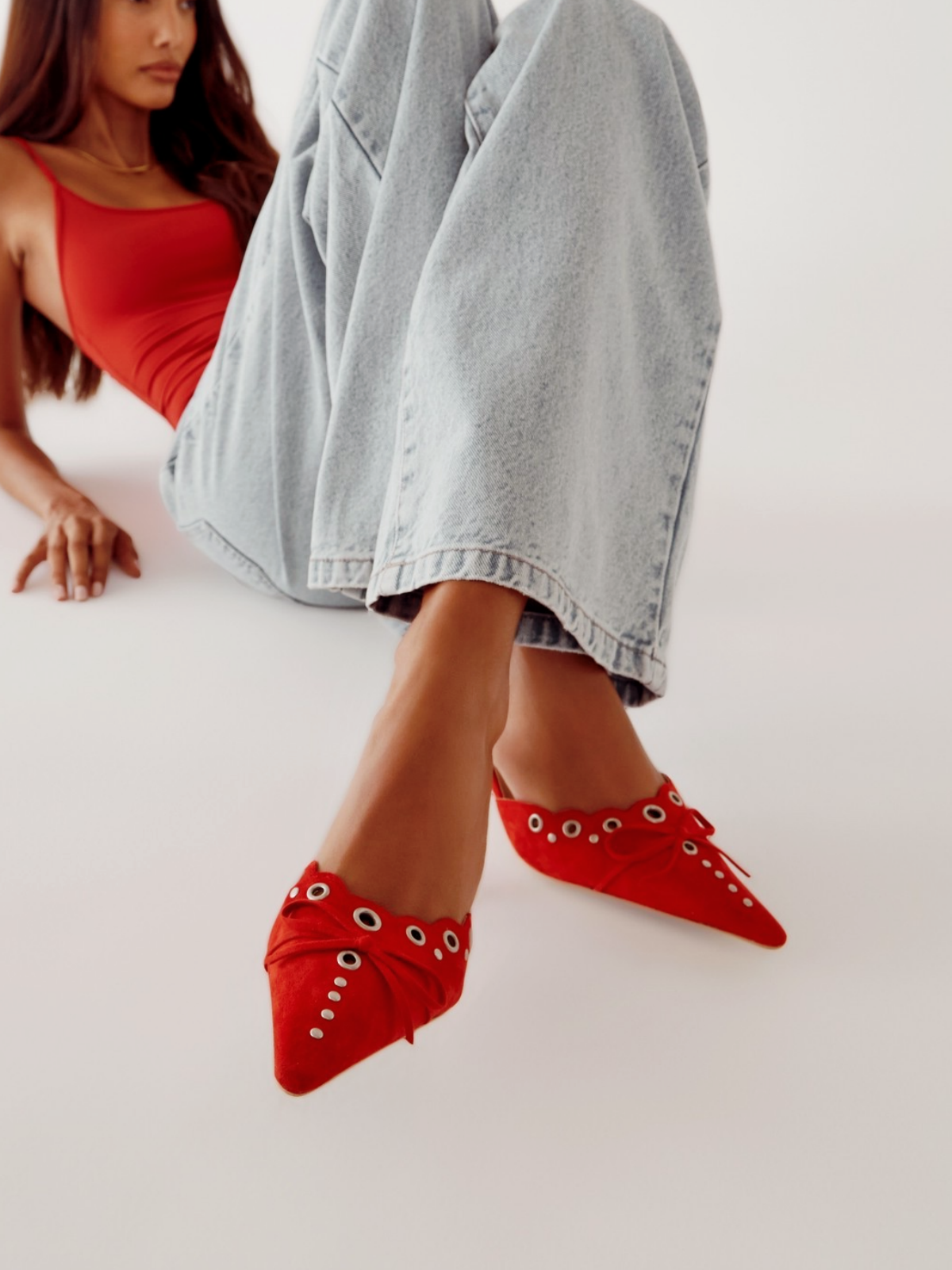 Red Suede Bow Stud Heels Women Comfortable Backless Slip-On Mules