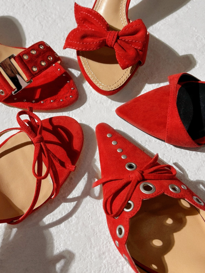 Red Suede Bow Stud Heels Women Comfortable Backless Slip-On Mules