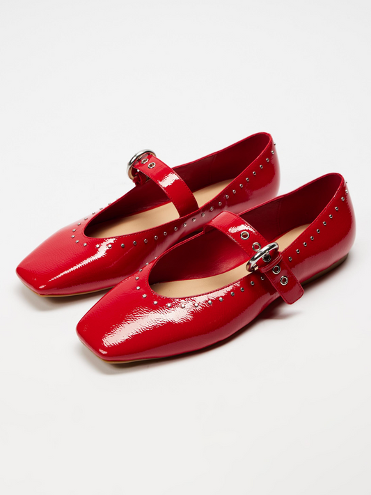 Red Patent Studded Square-Toe Mary Jane Ballet Flats With Grommet Eyelet Buckled Strap