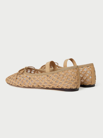 Brown Woven And Mesh Round-Toe Front Bow And Middle Strap Ballet Flats