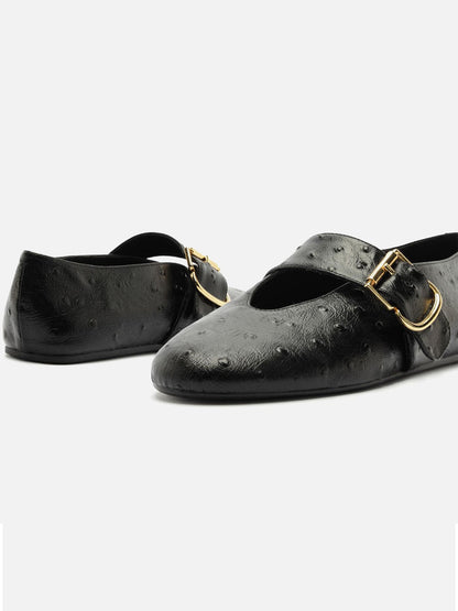 Black Ostrich Pattern Vegan Leather Round-Toe Mary Jane Chic Ballet Flats