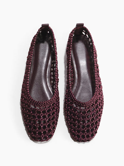 Dark Brown Satin Woven Square-Toe Simple Slip-On Ballet Flats