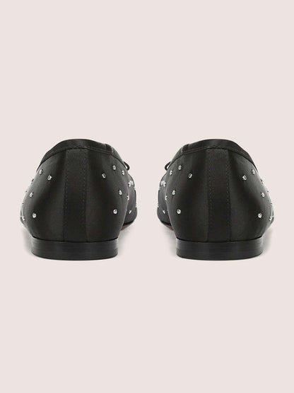 Black Satin Square-Toe Front Bow Studded Chic Ballet Flats