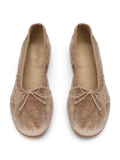 Sand Velvet Round-Toe Chic Front Bow Slip-On Ballet Simple Flats