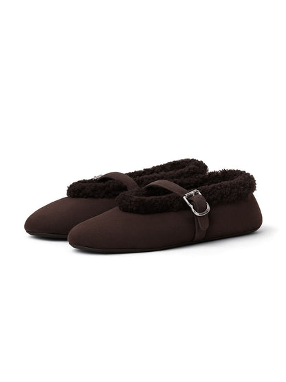 Coffee Faux Suede And Plush Round-Toe Mary Jane Slip-On Flats
