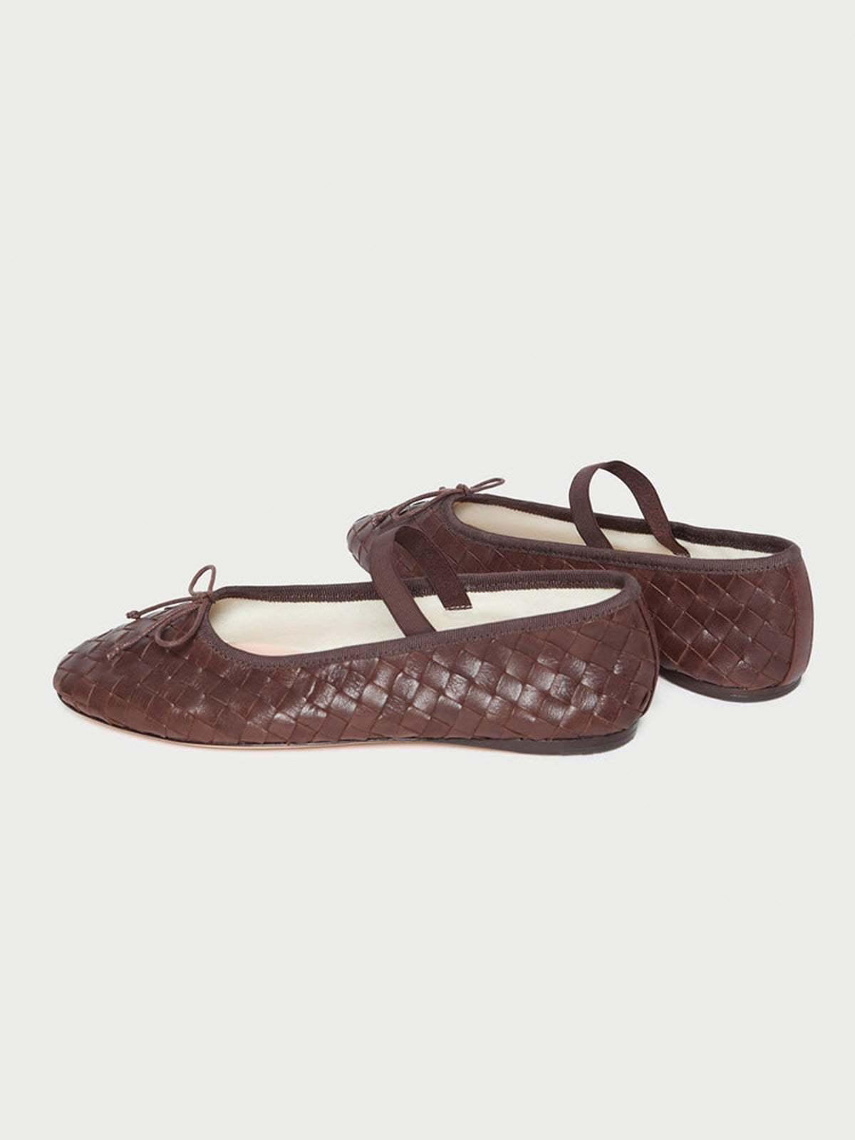 Coffee Woven Vegan Leather Round-Toe Front Bow And Middle Strap Ballet Flats