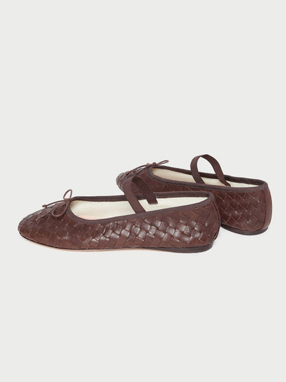 Coffee Woven Vegan Leather Round-Toe Front Bow And Middle Strap Ballet Flats