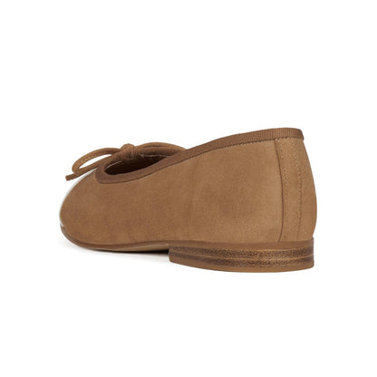 Tan Faux Suede And Patent White Round-Toe Front Bow Ballet Flats