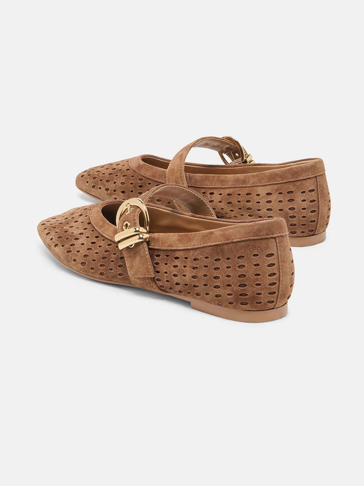 Brown Perforated Faux Suede Square-Toe Middle Strap Ballet Flats