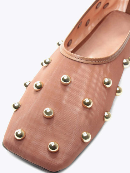 Beige Mesh Square-Toe Full Gold Studs Slip-On Ballet Flats