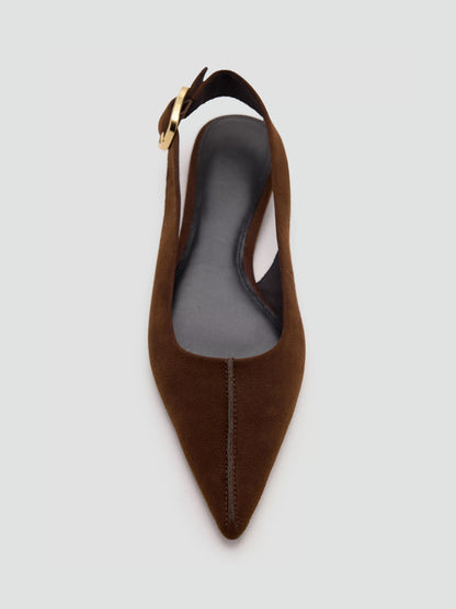 Chocolate Faux Suede Pointed-Toe Buckle Back Strap Chic Flats
