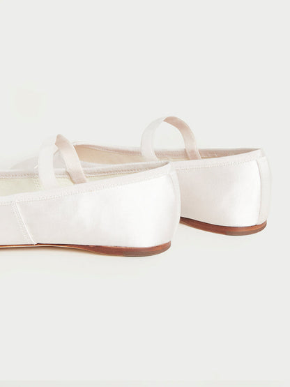 White Satin Round-Toe Mary Jane Front Bow Ballet Flats