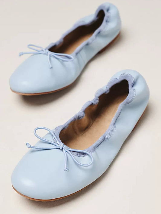 Blue Round-Toe Slip-On Classic Ballet Flats With Front Bow