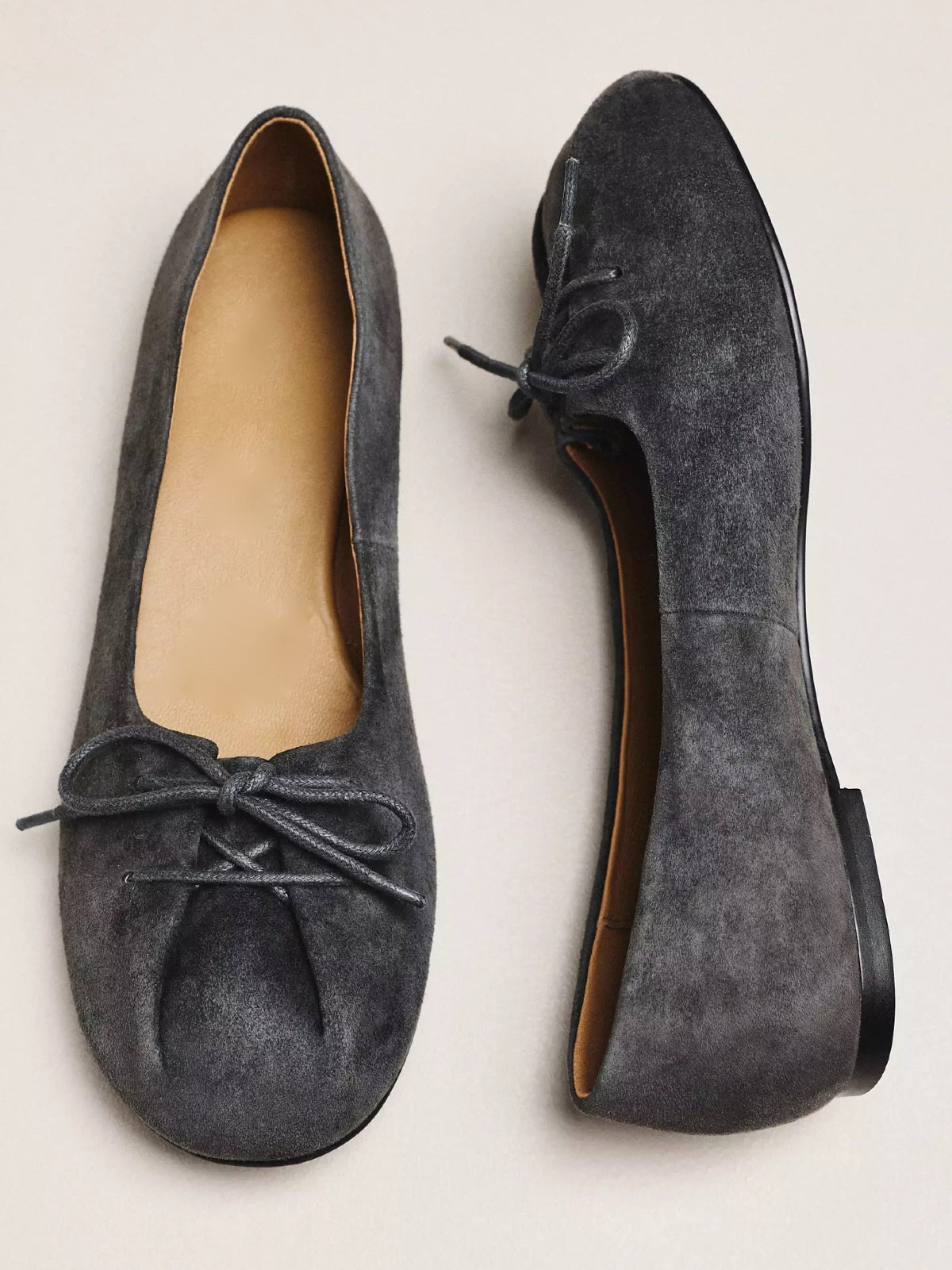 Dark Gray Faux Suede Round-Toe Front Bow Ballet Slip-On Flats