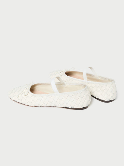 White Woven Vegan Leather Round-Toe Front Bow And Middle Strap Ballet Flats