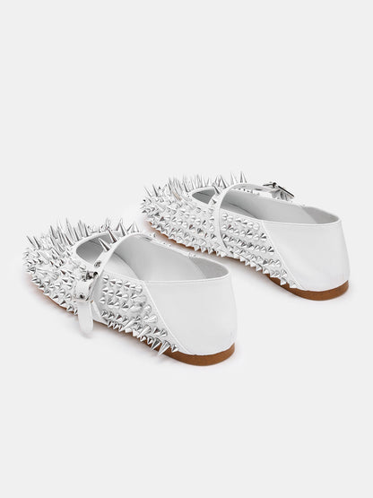 White Round-Toe Full Rivet And Middle Strap Chic Ballet Flats
