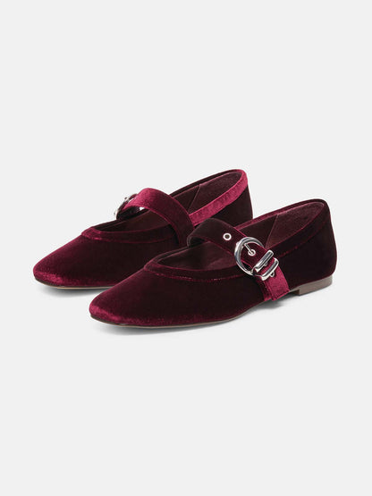 Wine Red Pleuche Square-Toe Buckle Mary Jane Ballet Flats