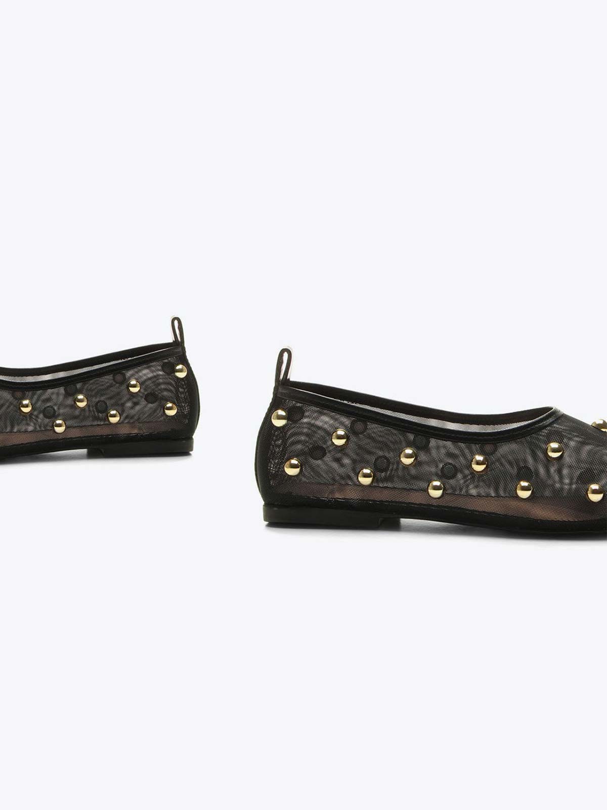Black Mesh Square-Toe Full Gold Studs Slip-On Ballet Flats