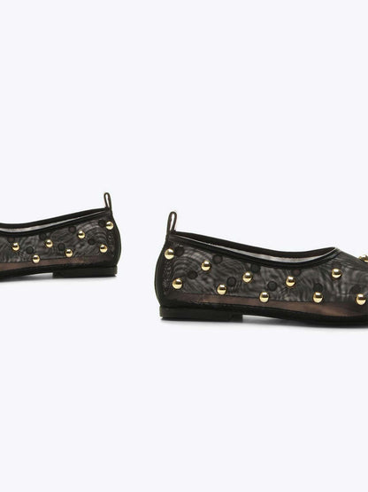 Black Mesh Square-Toe Full Gold Studs Slip-On Ballet Flats