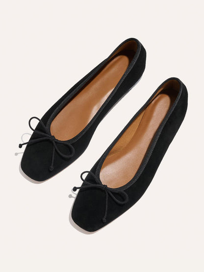 Front Bow Square-Toe Slip-On Chic Ballet Flats - Black Faux Suede