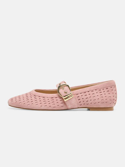Pink Perforated Faux Suede Square-Toe Middle Strap Ballet Flats