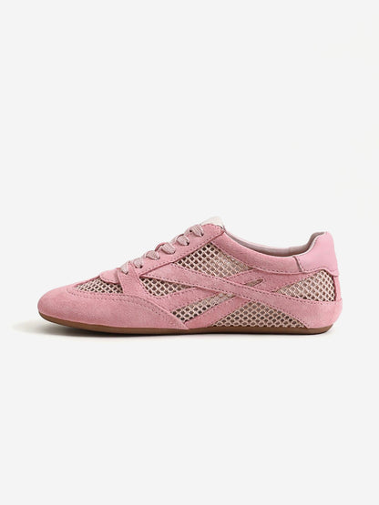 Pink Cow Suede And Mesh Round-Toe Chic Lace-Up Flats Sneakers