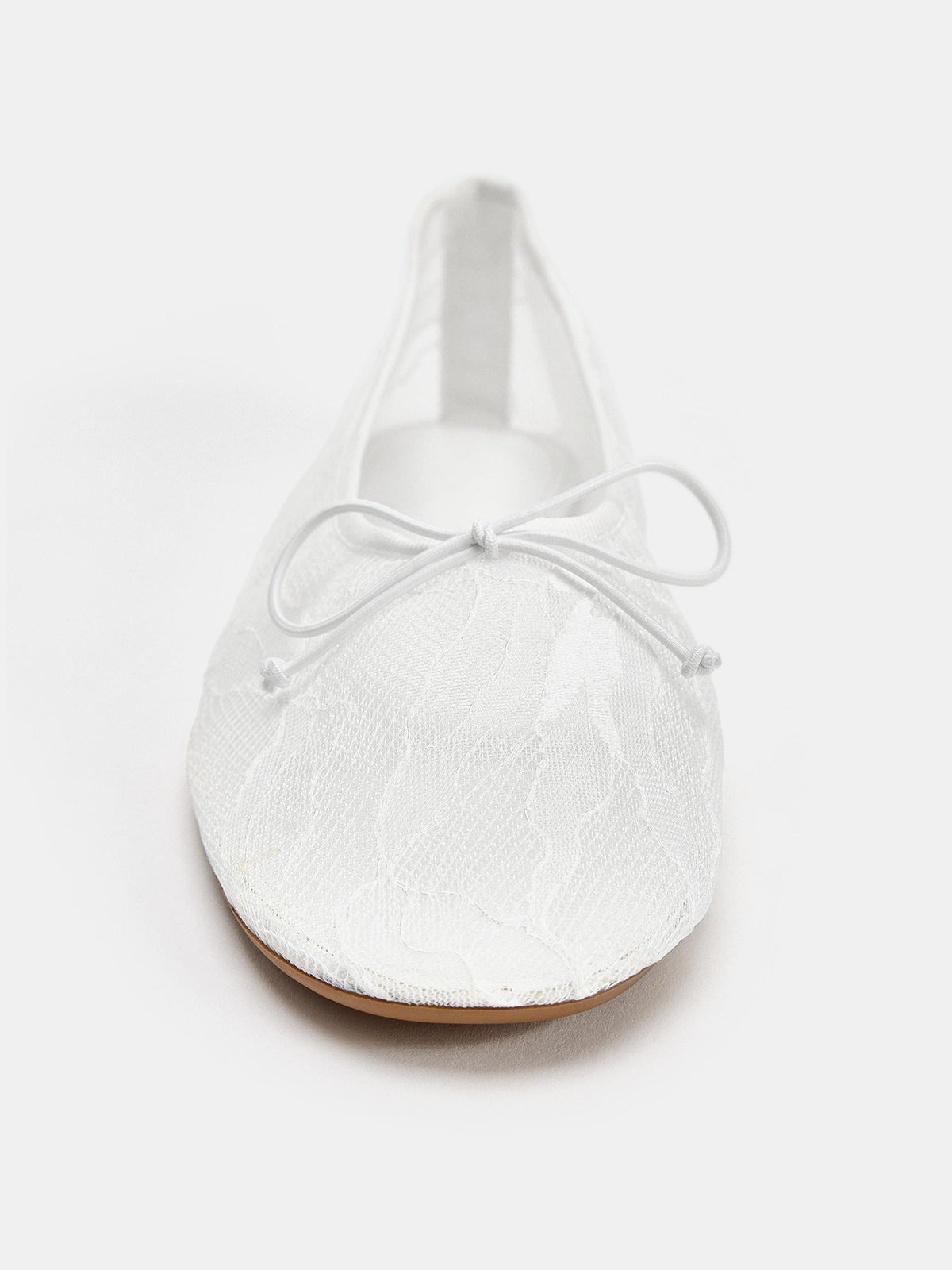 White Lace Mesh Round-Toe Front Bow Slip-On Ballet Flats
