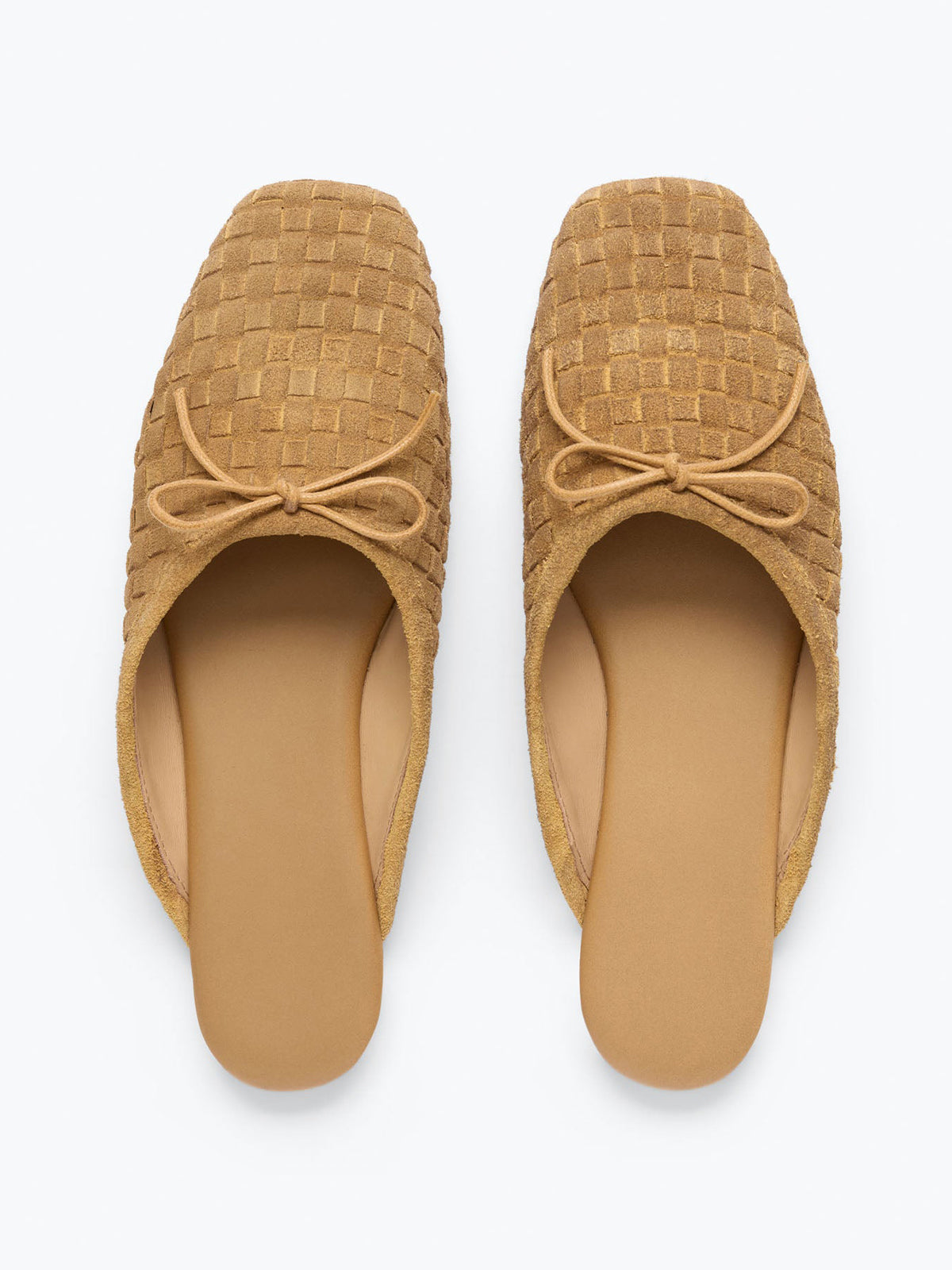Woven Faux Suede Square-Toe Front Bow Slip-On Backless Flats - Tan