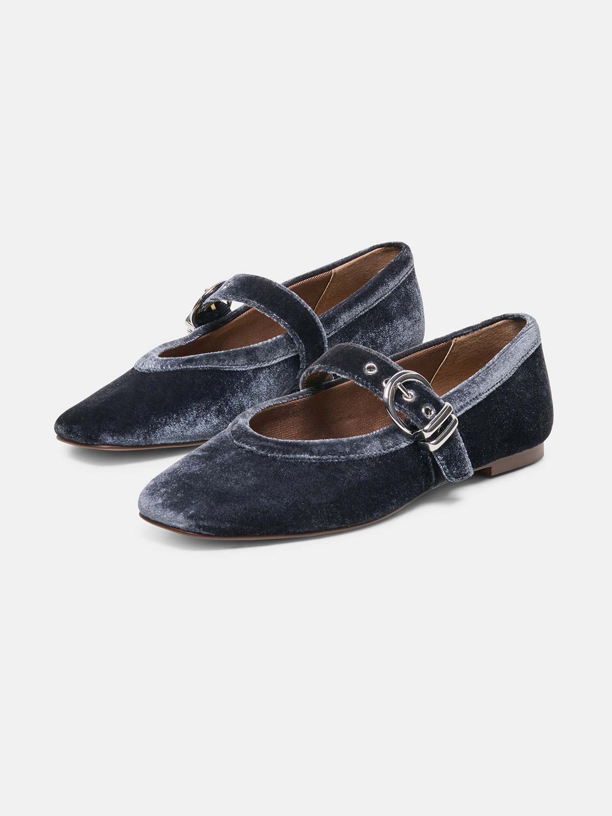 Navy Pleuche Square-Toe Buckle Mary Jane Ballet Flats