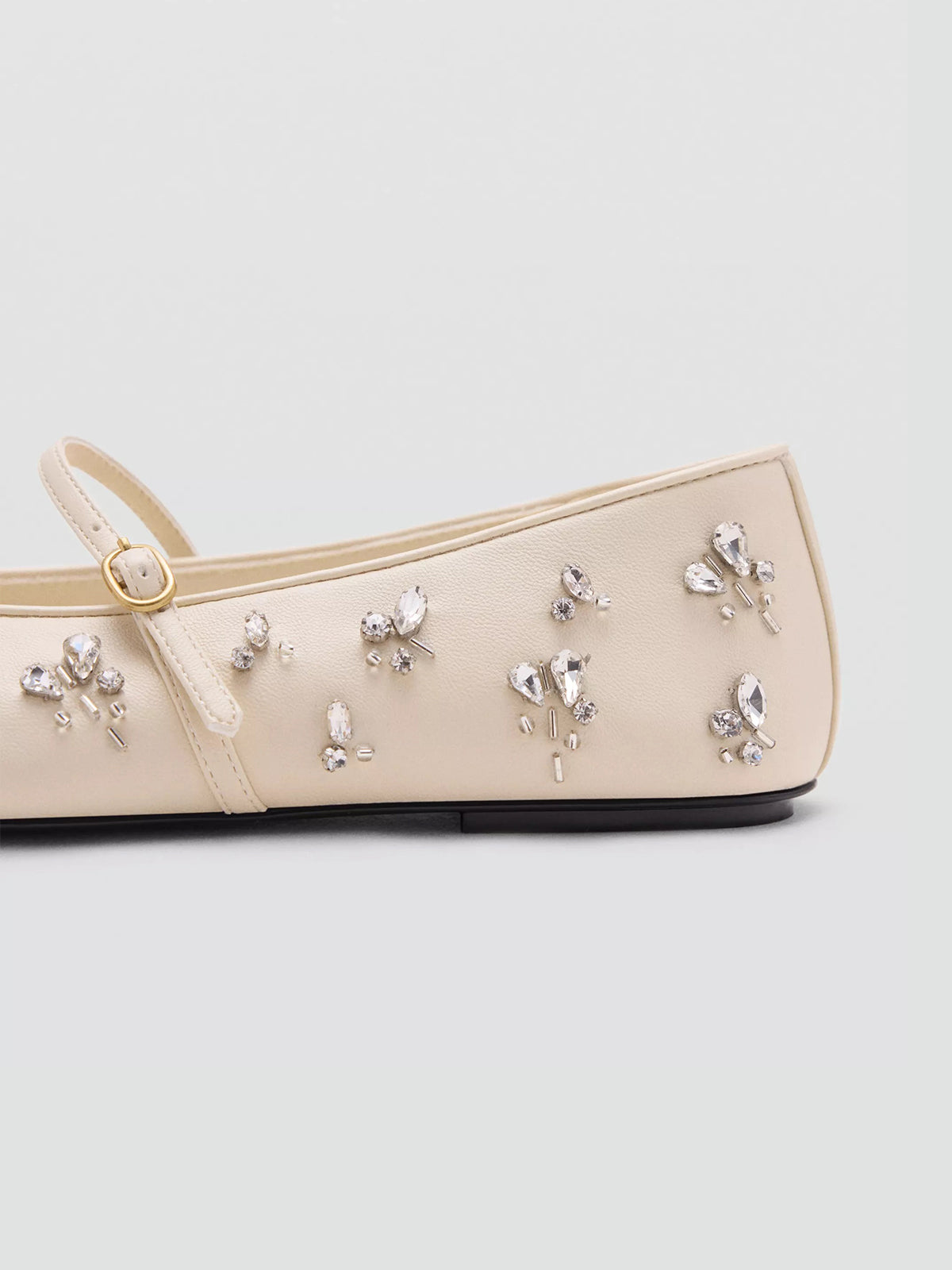 Ecru Round-Toe Crystals Detail Mary Jane Ballet Flats
