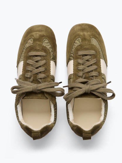 Coffee Cow Suede And Cloth And Cow Leather Square-Toe Lace-Up Sneakers